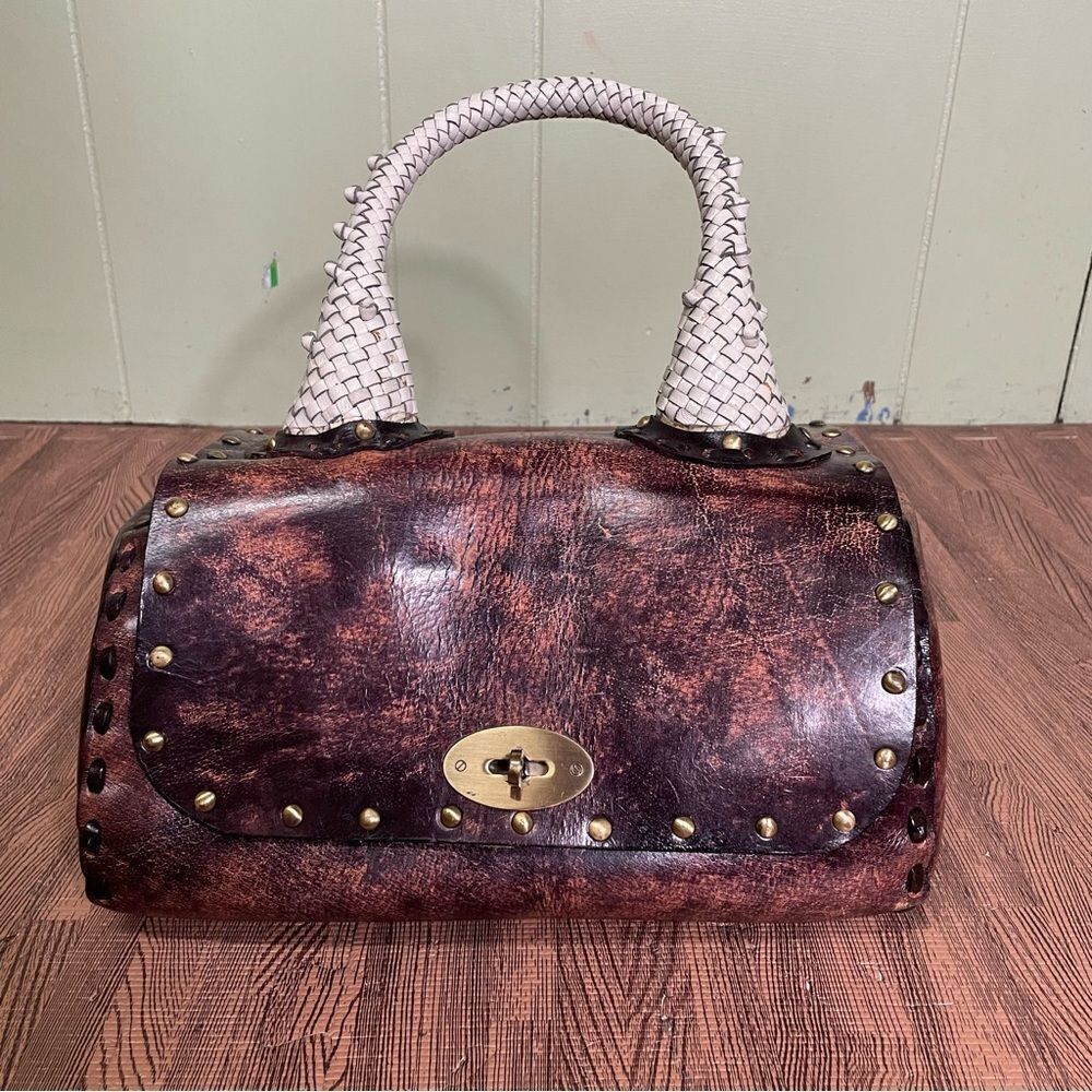 Wabags Brown Large Handcrafted‎ Leather Turnlock Handbag Braided Handle